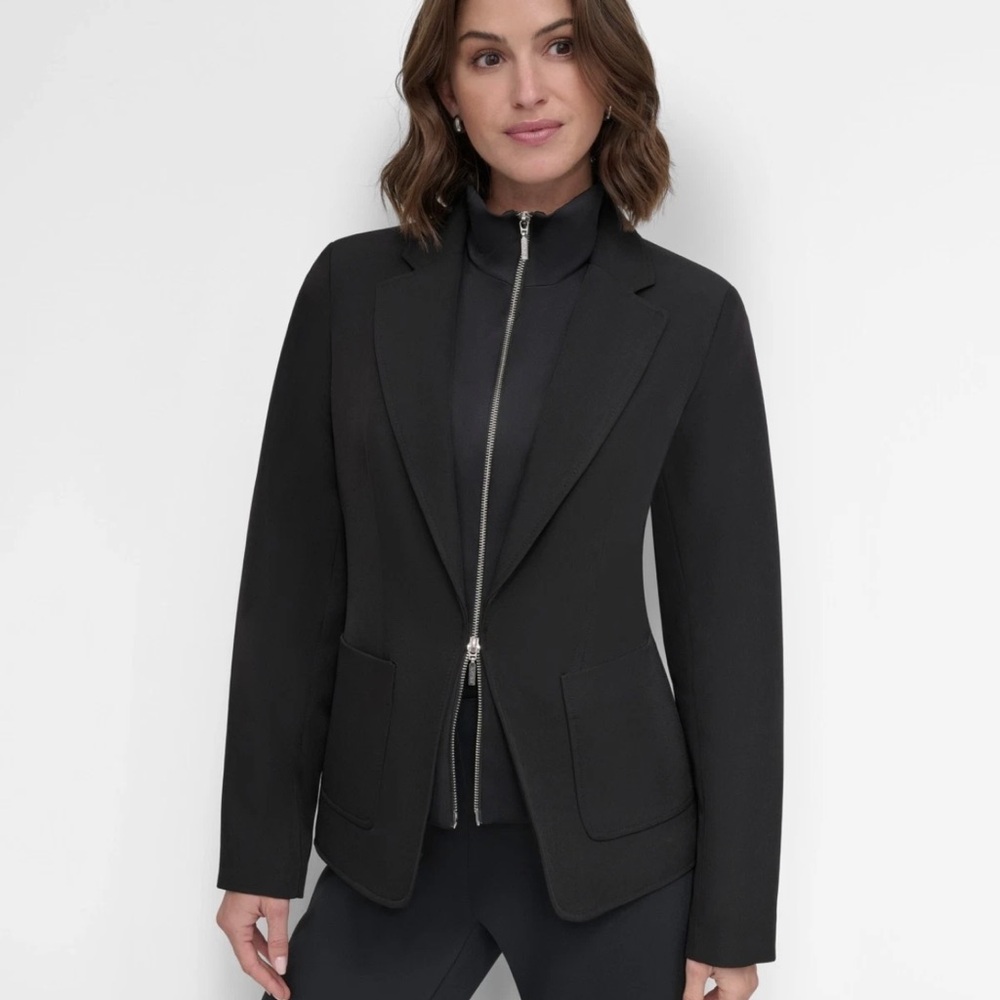 $159 NWT DKNY Women's Double Insert Zip-Front Jacket Black Blazer Size 12
